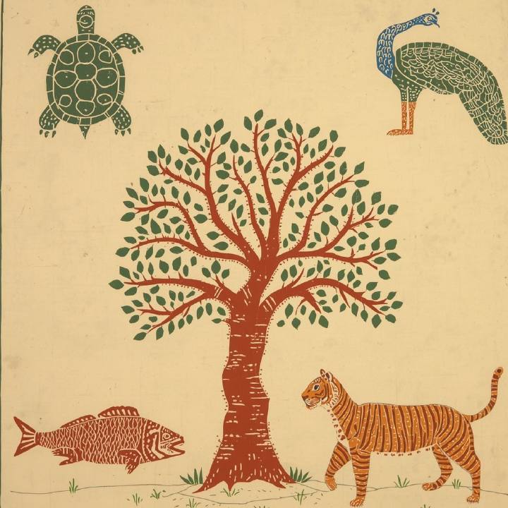 A tree of life with clan totems: a tortoise, a peacock, a fish and a tiger