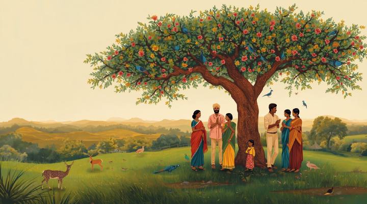 Two families meeting under a flowering mahua tree