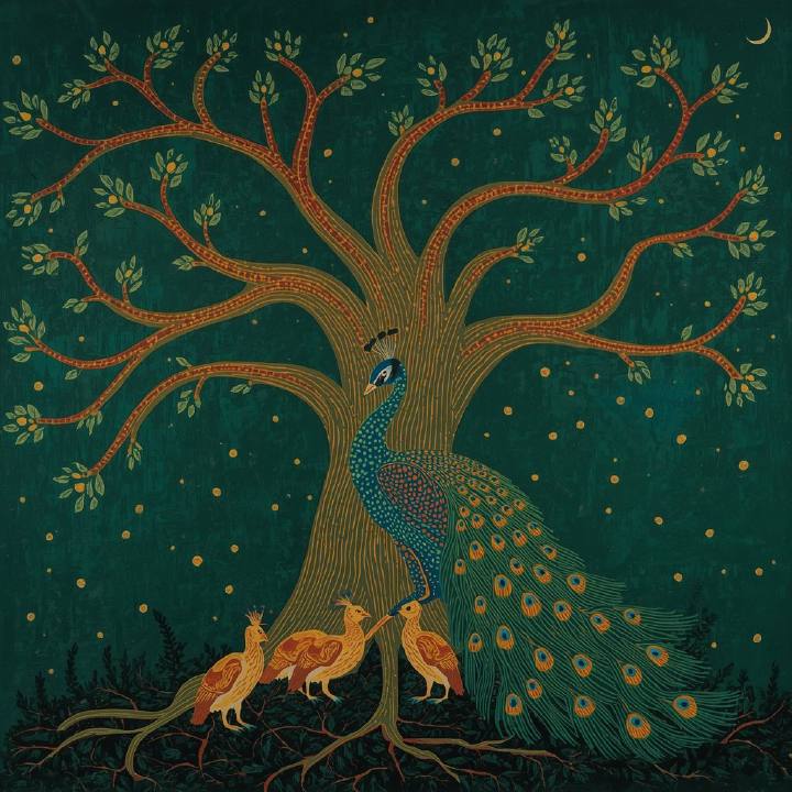 A peacock sheltering its chicks under a great tree at night